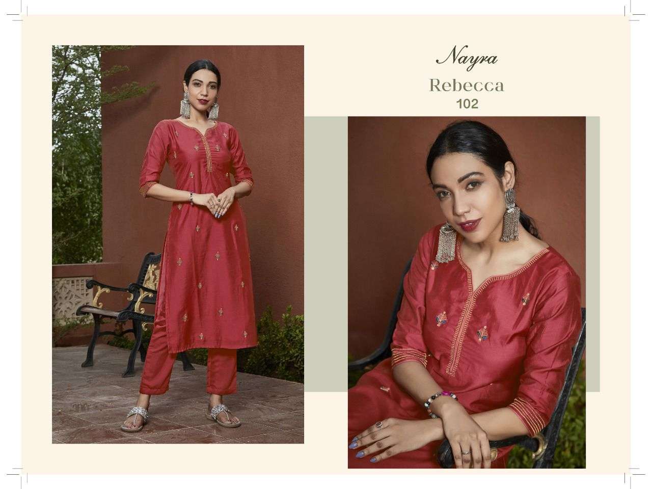 REBECCA BY NAYRA 101 TO 108 SERIES DESIGNER STYLISH FANCY COLORFUL BEAUTIFUL PARTY WEAR & ETHNIC WEAR COLLECTION CHANDERI SILK KURTIS WITH BOTTOM AT WHOLESALE PRICE
