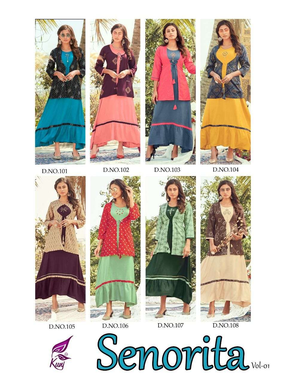 SENORITA VOL-1 BY KUNJ 101 TO 108 SERIES DESIGNER STYLISH FANCY COLORFUL BEAUTIFUL PARTY WEAR & ETHNIC WEAR COLLECTION RAYON PRINT GOWNS AT WHOLESALE PRICE