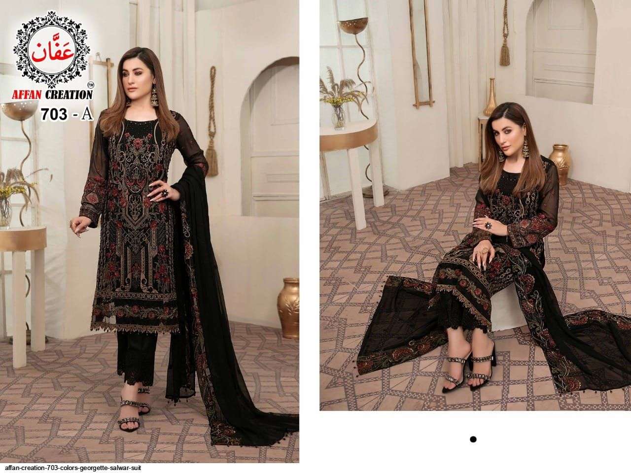 AFFAN CREATION 703 COLOURS BY AFFAN CREATION 703-A TO 703-D SERIES Z BEAUTIFUL PAKISTANI SUITS COLORFUL STYLISH FANCY CASUAL WEAR & ETHNIC WEAR FAUX GEORGETTE WITH EMBROIDERY DRESSES AT WHOLESALE PRICE
