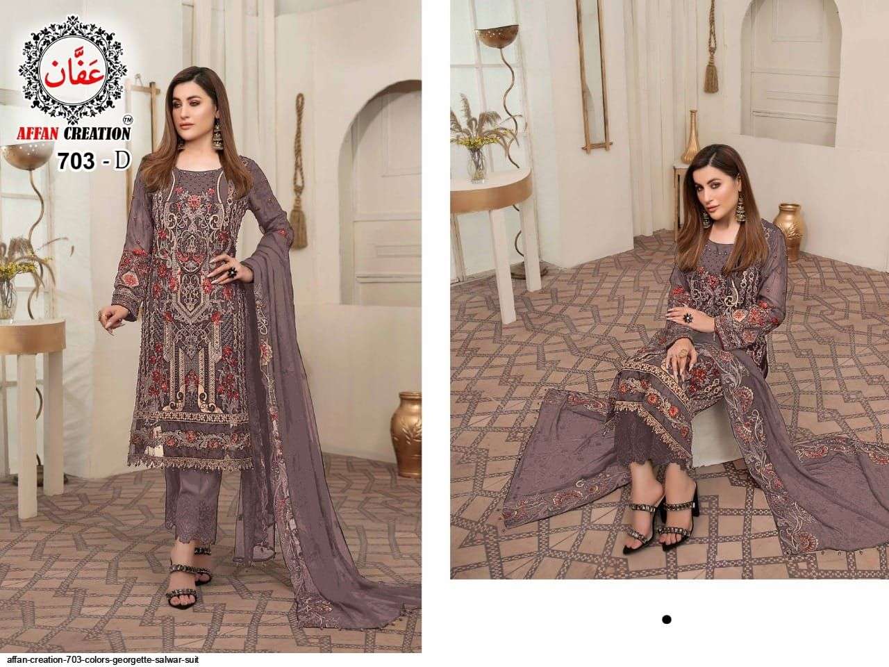 AFFAN CREATION 703 COLOURS BY AFFAN CREATION 703-A TO 703-D SERIES Z BEAUTIFUL PAKISTANI SUITS COLORFUL STYLISH FANCY CASUAL WEAR & ETHNIC WEAR FAUX GEORGETTE WITH EMBROIDERY DRESSES AT WHOLESALE PRICE