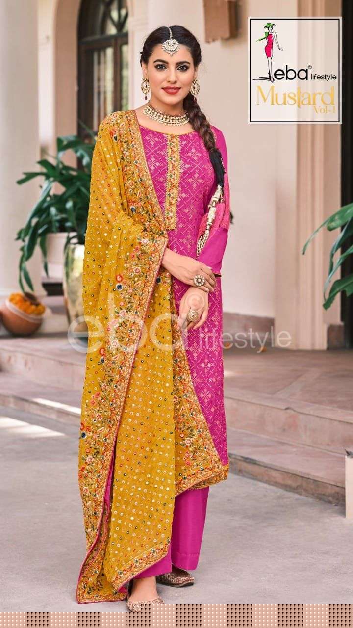 MUSTARD BY EBA LIFESTYLE 1336 TO 1339 SERIES BEAUTIFUL SHARARA SUITS COLORFUL STYLISH FANCY CASUAL WEAR & ETHNIC WEAR FAUX GEORGETTE DRESSES AT WHOLESALE PRICE