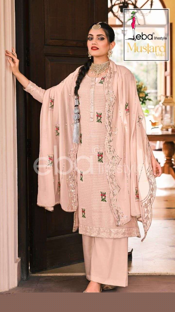 MUSTARD BY EBA LIFESTYLE 1336 TO 1339 SERIES BEAUTIFUL SHARARA SUITS COLORFUL STYLISH FANCY CASUAL WEAR & ETHNIC WEAR FAUX GEORGETTE DRESSES AT WHOLESALE PRICE