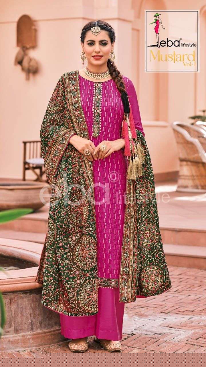 MUSTARD BY EBA LIFESTYLE 1336 TO 1339 SERIES BEAUTIFUL SHARARA SUITS COLORFUL STYLISH FANCY CASUAL WEAR & ETHNIC WEAR FAUX GEORGETTE DRESSES AT WHOLESALE PRICE
