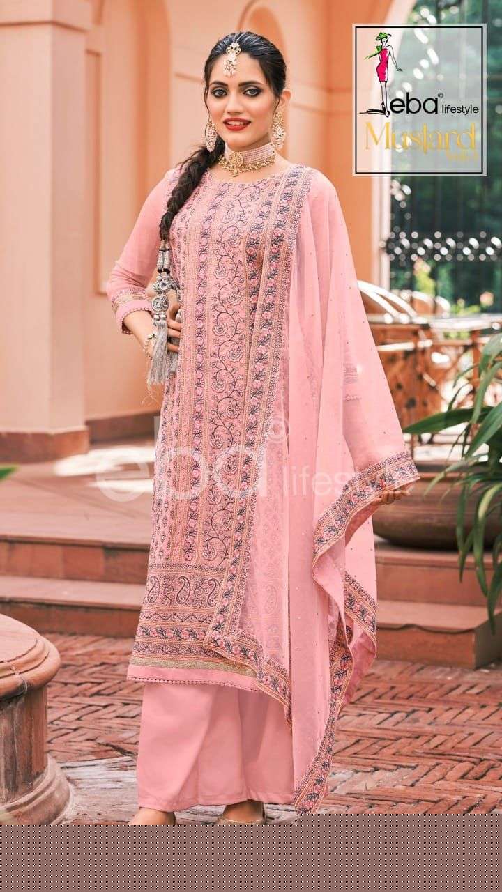 MUSTARD BY EBA LIFESTYLE 1336 TO 1339 SERIES BEAUTIFUL SHARARA SUITS COLORFUL STYLISH FANCY CASUAL WEAR & ETHNIC WEAR FAUX GEORGETTE DRESSES AT WHOLESALE PRICE
