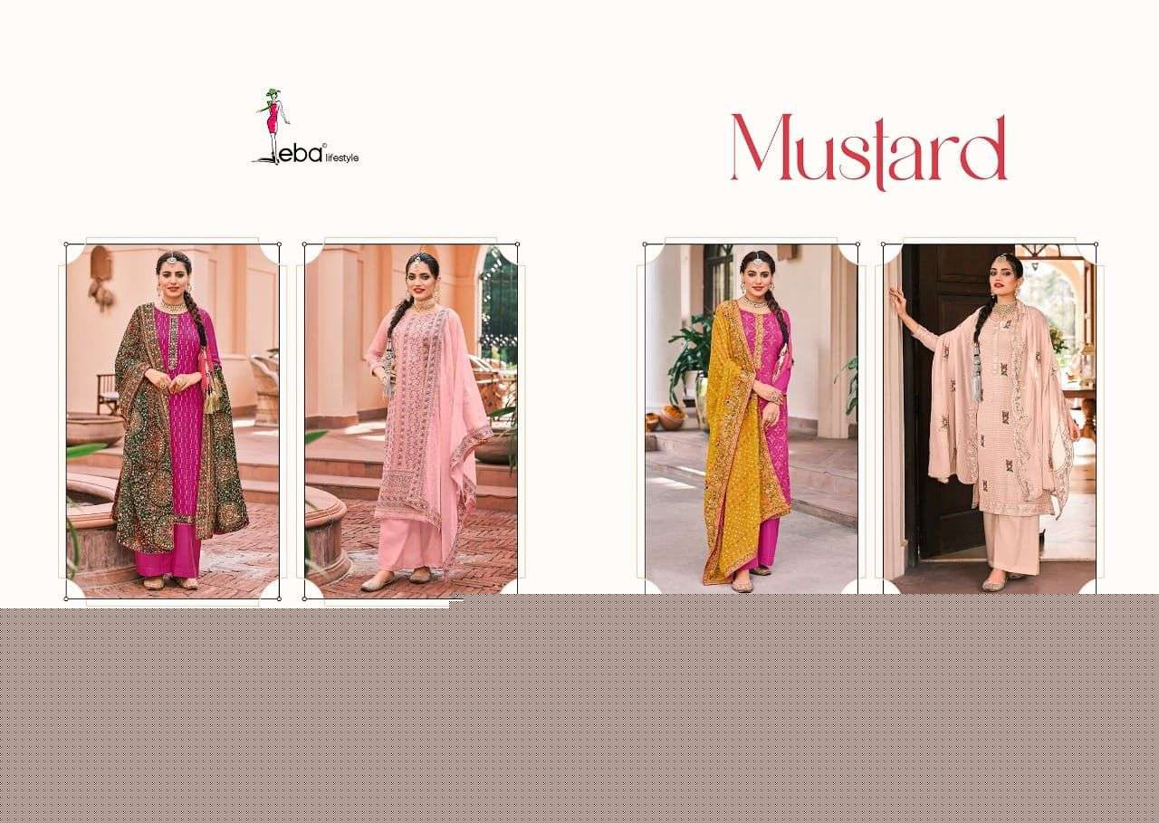 MUSTARD BY EBA LIFESTYLE 1336 TO 1339 SERIES BEAUTIFUL SHARARA SUITS COLORFUL STYLISH FANCY CASUAL WEAR & ETHNIC WEAR FAUX GEORGETTE DRESSES AT WHOLESALE PRICE