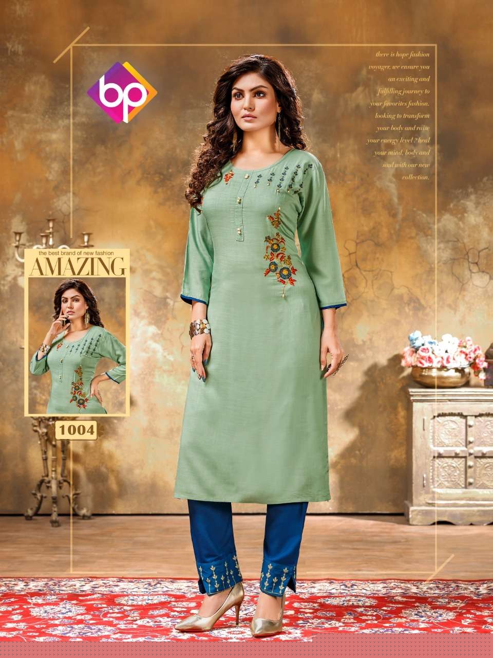 MASHAKALI BY BP 1001 TO 1008 SERIES STYLISH FANCY BEAUTIFUL COLORFUL CASUAL WEAR & ETHNIC WEAR RAYON SLUB EMBROIDERED KURTIS WITH BOTTOM AT WHOLESALE PRICE