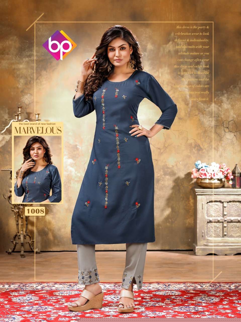 MASHAKALI BY BP 1001 TO 1008 SERIES STYLISH FANCY BEAUTIFUL COLORFUL CASUAL WEAR & ETHNIC WEAR RAYON SLUB EMBROIDERED KURTIS WITH BOTTOM AT WHOLESALE PRICE