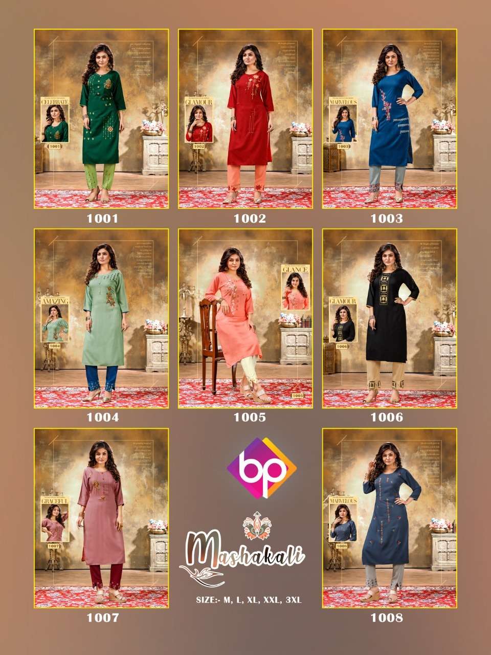 MASHAKALI BY BP 1001 TO 1008 SERIES STYLISH FANCY BEAUTIFUL COLORFUL CASUAL WEAR & ETHNIC WEAR RAYON SLUB EMBROIDERED KURTIS WITH BOTTOM AT WHOLESALE PRICE