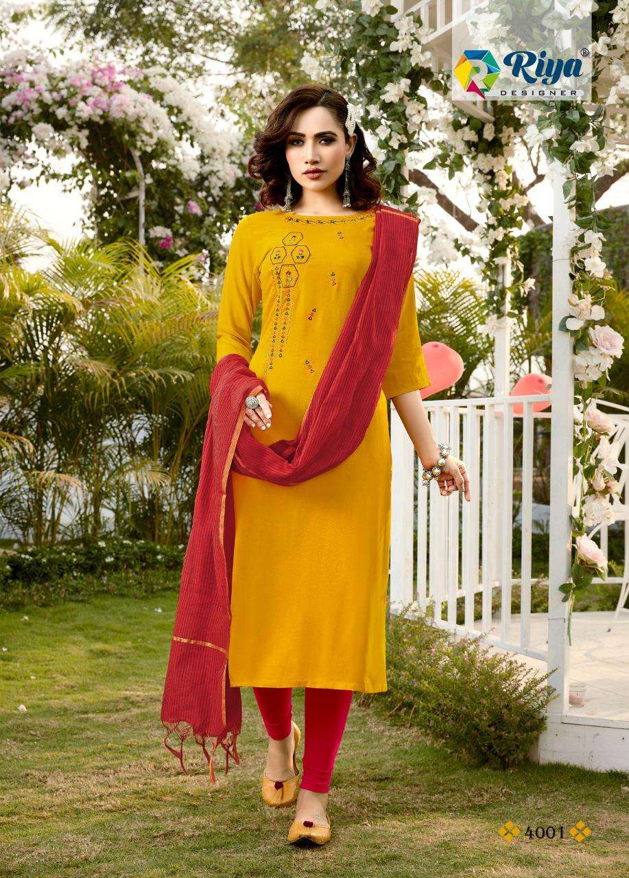 INAYAT VOL-4 BY RIYA DESIGNER 4001 TO 4005 SERIES DESIGNER STYLISH FANCY COLORFUL BEAUTIFUL PARTY WEAR & ETHNIC WEAR COLLECTION RAYON EMBROIDERY KURTIS WITH DUPATTA AT WHOLESALE PRICE
