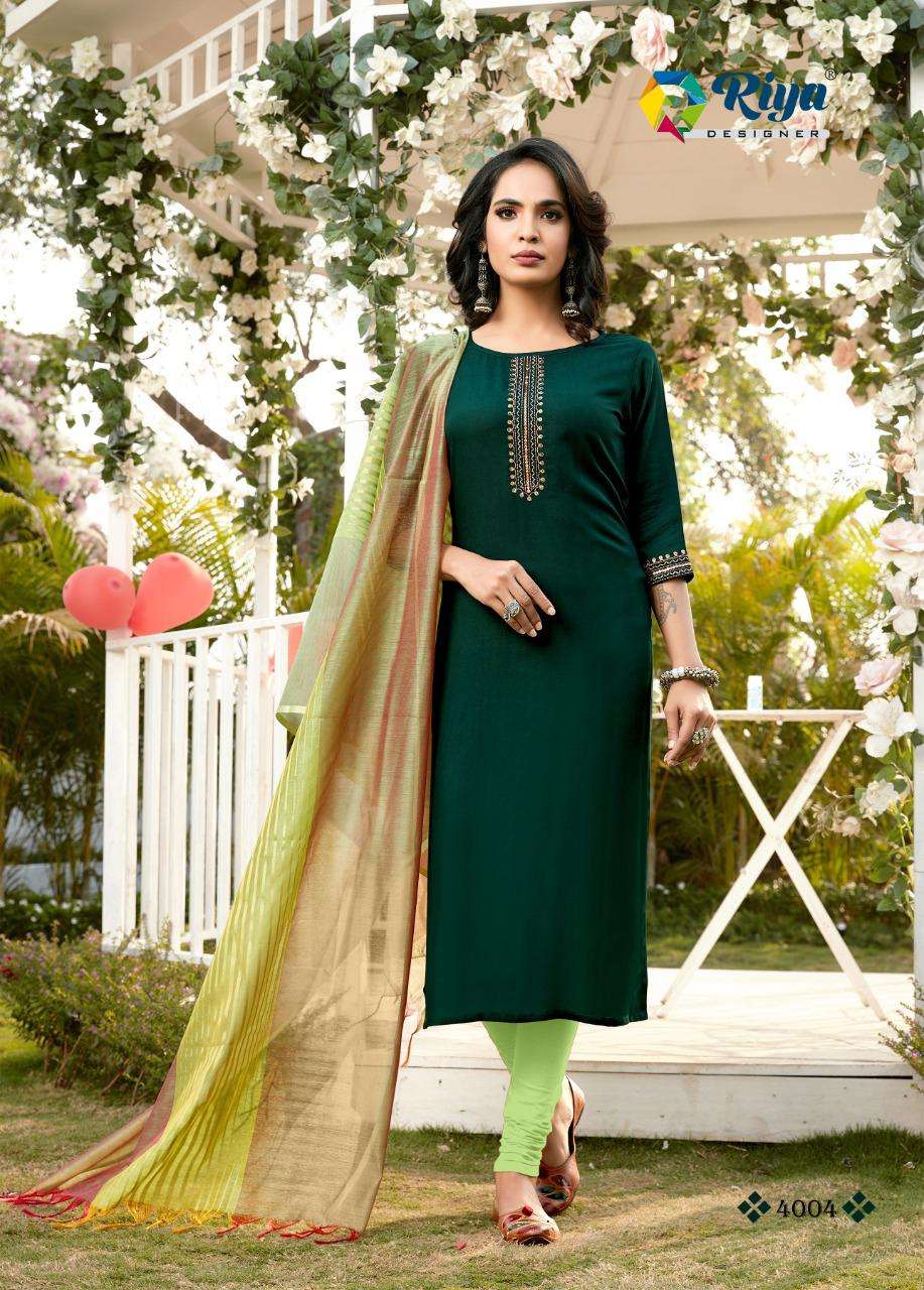 INAYAT VOL-4 BY RIYA DESIGNER 4001 TO 4005 SERIES DESIGNER STYLISH FANCY COLORFUL BEAUTIFUL PARTY WEAR & ETHNIC WEAR COLLECTION RAYON EMBROIDERY KURTIS WITH DUPATTA AT WHOLESALE PRICE