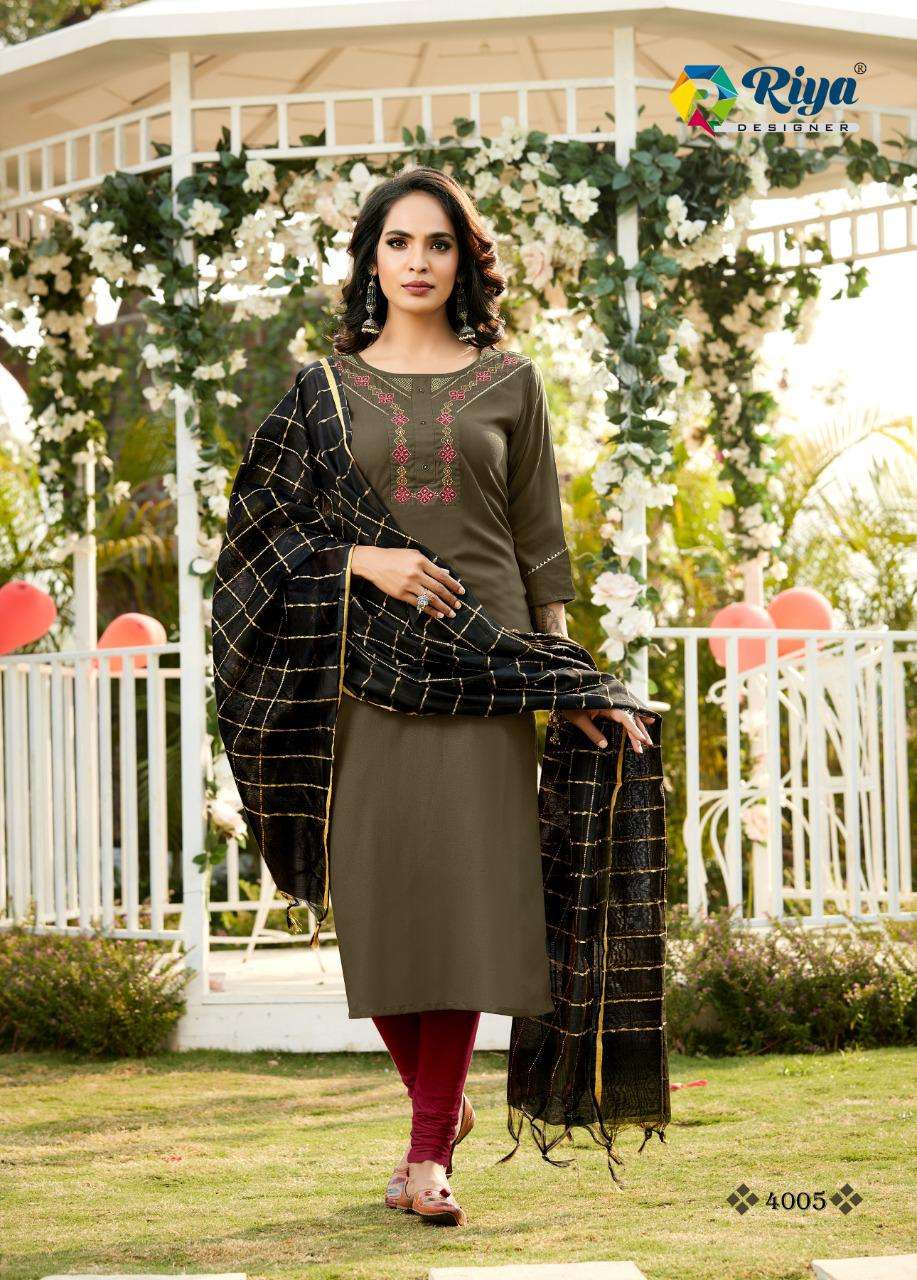 INAYAT VOL-4 BY RIYA DESIGNER 4001 TO 4005 SERIES DESIGNER STYLISH FANCY COLORFUL BEAUTIFUL PARTY WEAR & ETHNIC WEAR COLLECTION RAYON EMBROIDERY KURTIS WITH DUPATTA AT WHOLESALE PRICE