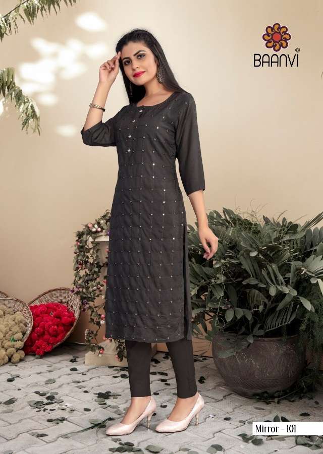 MIRROR BY BAANVI 101 TO 106 SERIES DESIGNER STYLISH FANCY COLORFUL BEAUTIFUL PARTY WEAR & ETHNIC WEAR COLLECTION RAYON SLUB WITH WORK KURTIS AT WHOLESALE PRICE