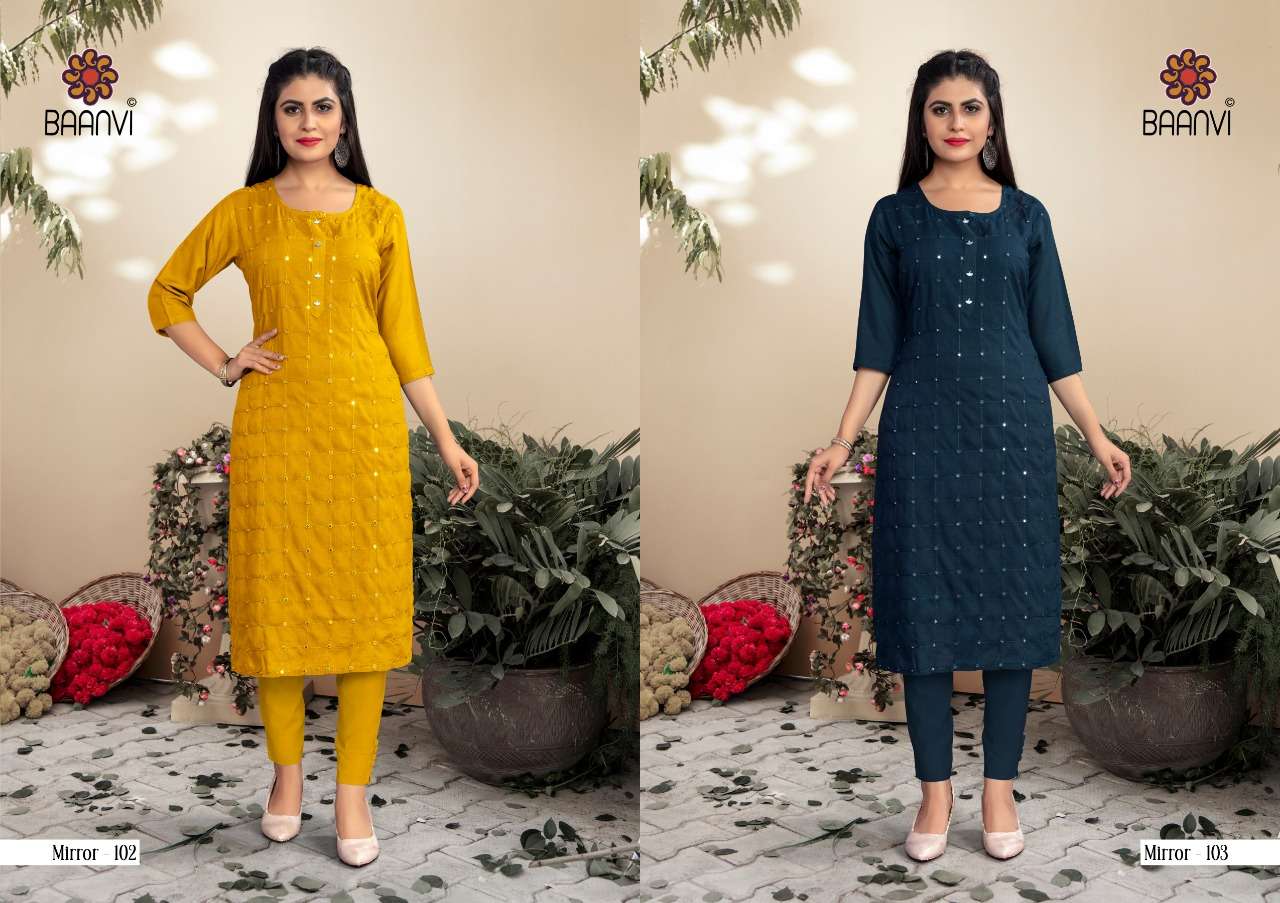 MIRROR BY BAANVI 101 TO 106 SERIES DESIGNER STYLISH FANCY COLORFUL BEAUTIFUL PARTY WEAR & ETHNIC WEAR COLLECTION RAYON SLUB WITH WORK KURTIS AT WHOLESALE PRICE