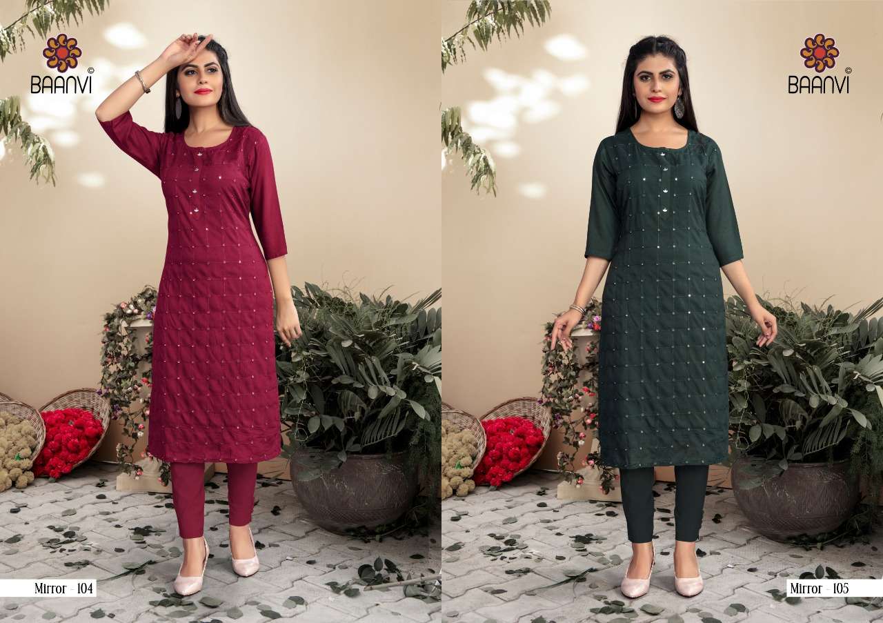 MIRROR BY BAANVI 101 TO 106 SERIES DESIGNER STYLISH FANCY COLORFUL BEAUTIFUL PARTY WEAR & ETHNIC WEAR COLLECTION RAYON SLUB WITH WORK KURTIS AT WHOLESALE PRICE