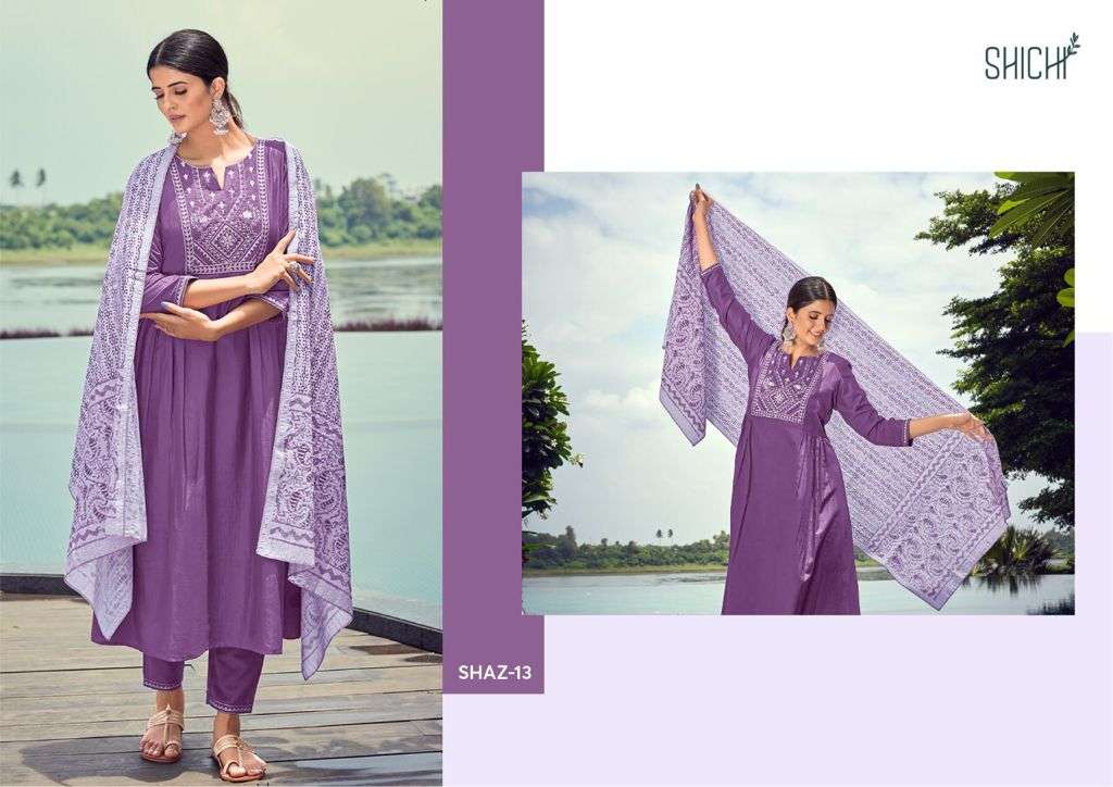 AZA BY SHICHI 13 TO 18 SERIES BEAUTIFUL SUITS COLORFUL STYLISH FANCY CASUAL WEAR & ETHNIC WEAR CHINNON EMBROIDERED DRESSES AT WHOLESALE PRICE