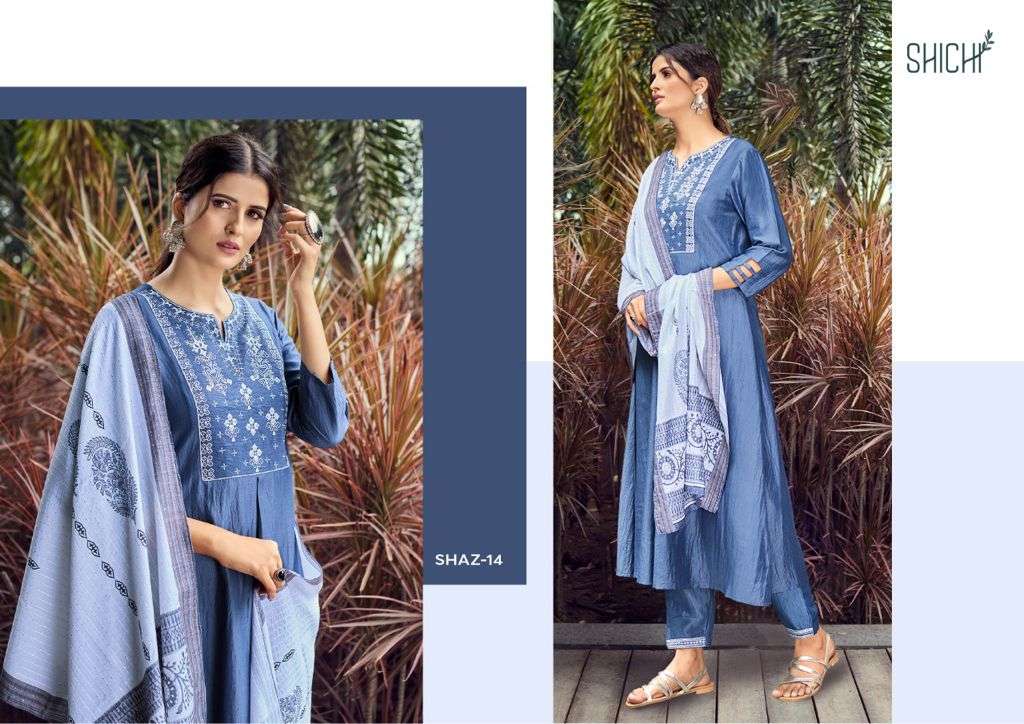 AZA BY SHICHI 13 TO 18 SERIES BEAUTIFUL SUITS COLORFUL STYLISH FANCY CASUAL WEAR & ETHNIC WEAR CHINNON EMBROIDERED DRESSES AT WHOLESALE PRICE