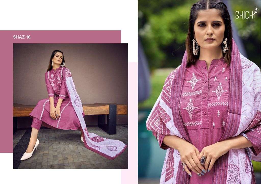 AZA BY SHICHI 13 TO 18 SERIES BEAUTIFUL SUITS COLORFUL STYLISH FANCY CASUAL WEAR & ETHNIC WEAR CHINNON EMBROIDERED DRESSES AT WHOLESALE PRICE