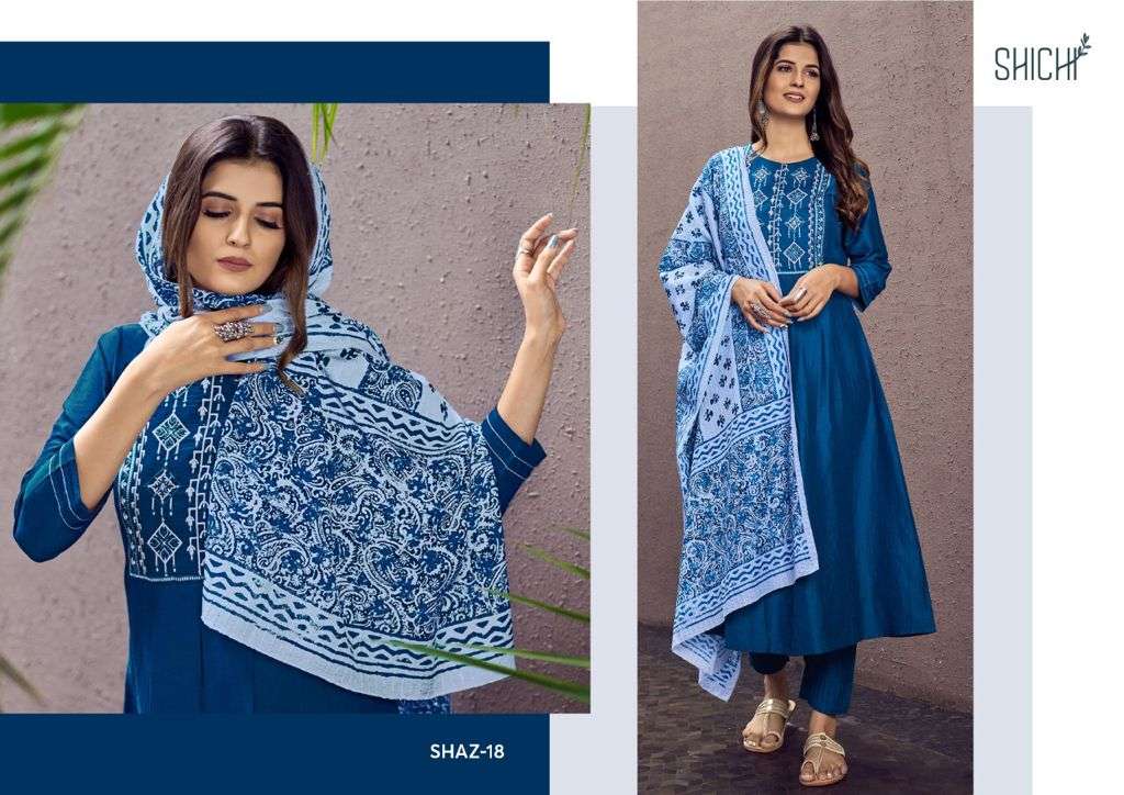AZA BY SHICHI 13 TO 18 SERIES BEAUTIFUL SUITS COLORFUL STYLISH FANCY CASUAL WEAR & ETHNIC WEAR CHINNON EMBROIDERED DRESSES AT WHOLESALE PRICE
