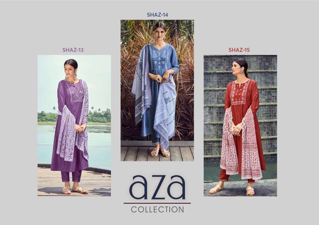 AZA BY SHICHI 13 TO 18 SERIES BEAUTIFUL SUITS COLORFUL STYLISH FANCY CASUAL WEAR & ETHNIC WEAR CHINNON EMBROIDERED DRESSES AT WHOLESALE PRICE