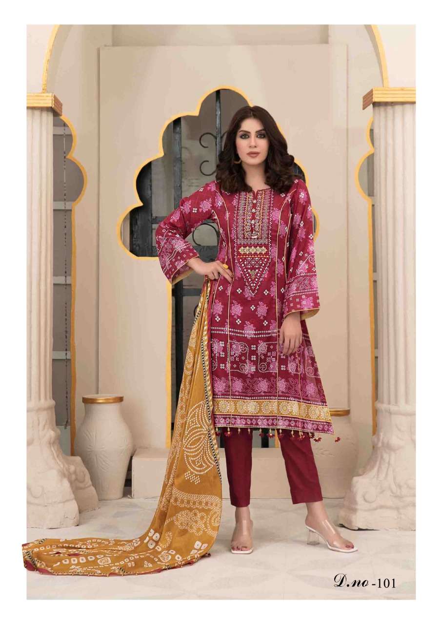 RANG NOOR BY OM FAB 101 TO 106 SERIES BEAUTIFUL SUITS COLORFUL STYLISH FANCY CASUAL WEAR & ETHNIC WEAR HEAVY COTTON PRINT DRESSES AT WHOLESALE PRICE