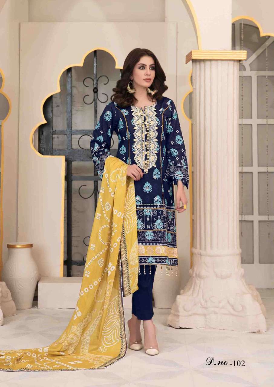 RANG NOOR BY OM FAB 101 TO 106 SERIES BEAUTIFUL SUITS COLORFUL STYLISH FANCY CASUAL WEAR & ETHNIC WEAR HEAVY COTTON PRINT DRESSES AT WHOLESALE PRICE