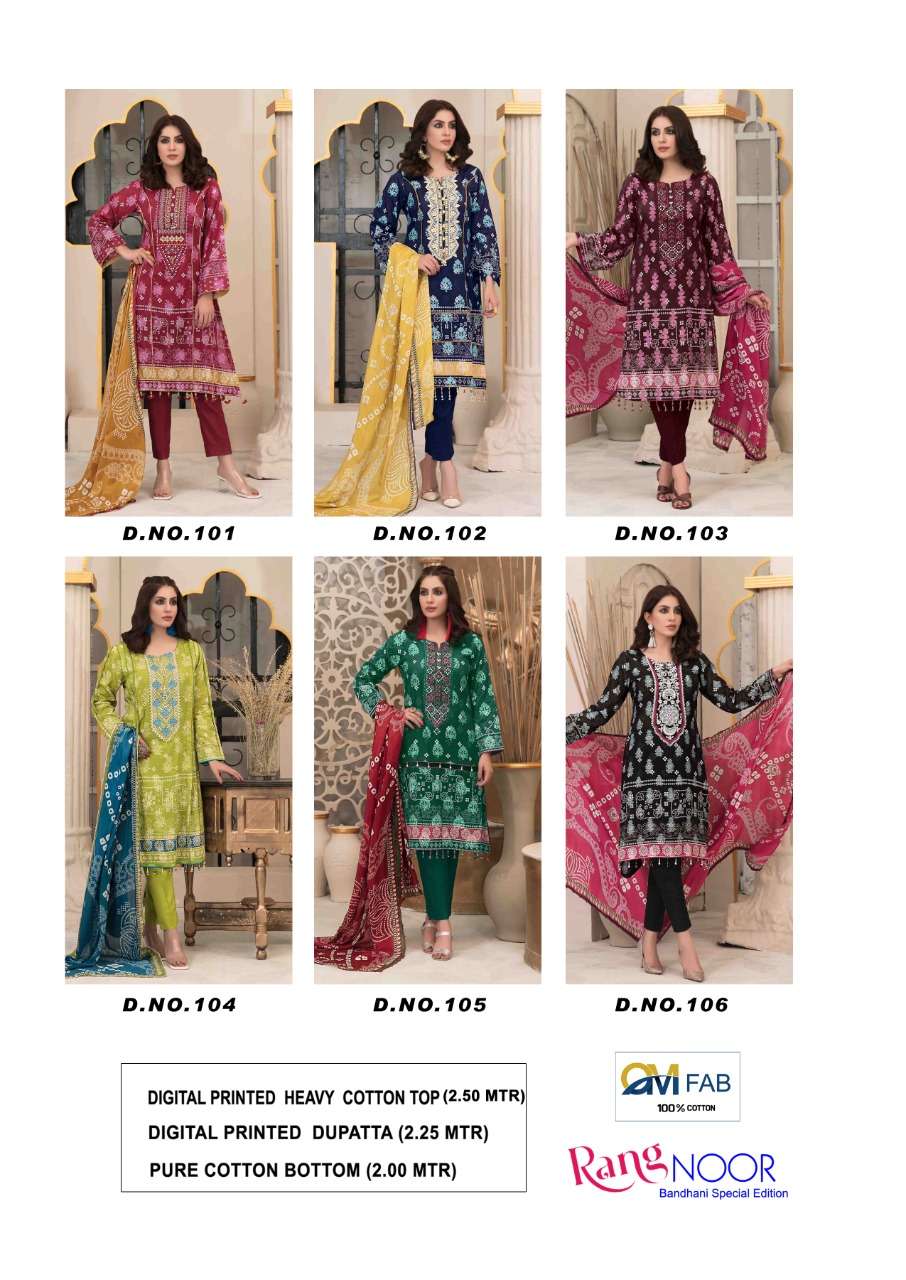 RANG NOOR BY OM FAB 101 TO 106 SERIES BEAUTIFUL SUITS COLORFUL STYLISH FANCY CASUAL WEAR & ETHNIC WEAR HEAVY COTTON PRINT DRESSES AT WHOLESALE PRICE