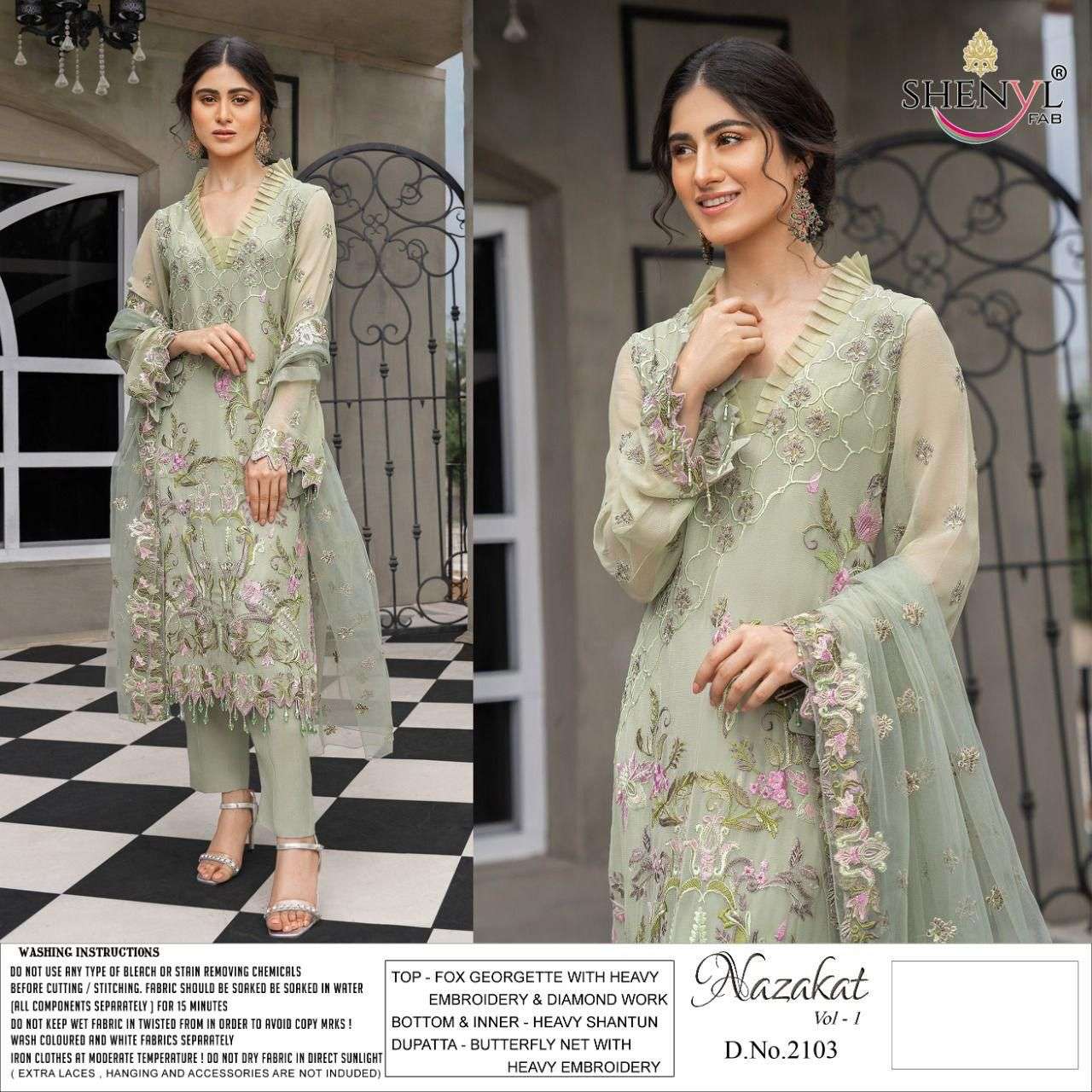 NAZAKAT VOL-1 BY SHENYL FAB 2101 TO 2104 SERIES DESIGNER PAKISTANI SUITS BEAUTIFUL STYLISH FANCY COLORFUL PARTY WEAR & OCCASIONAL WEAR FAUX GEORGETTE EMBROIDERED DRESSES AT WHOLESALE PRICE