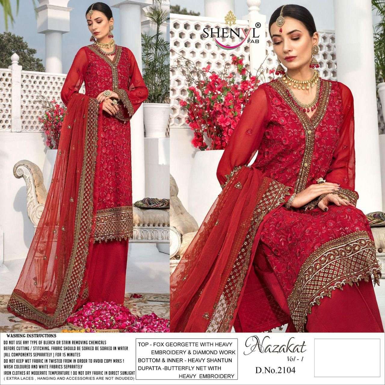 NAZAKAT VOL-1 BY SHENYL FAB 2101 TO 2104 SERIES DESIGNER PAKISTANI SUITS BEAUTIFUL STYLISH FANCY COLORFUL PARTY WEAR & OCCASIONAL WEAR FAUX GEORGETTE EMBROIDERED DRESSES AT WHOLESALE PRICE