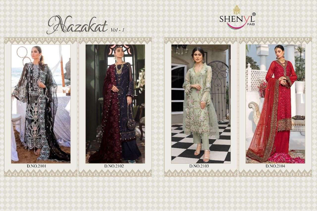 NAZAKAT VOL-1 BY SHENYL FAB 2101 TO 2104 SERIES DESIGNER PAKISTANI SUITS BEAUTIFUL STYLISH FANCY COLORFUL PARTY WEAR & OCCASIONAL WEAR FAUX GEORGETTE EMBROIDERED DRESSES AT WHOLESALE PRICE