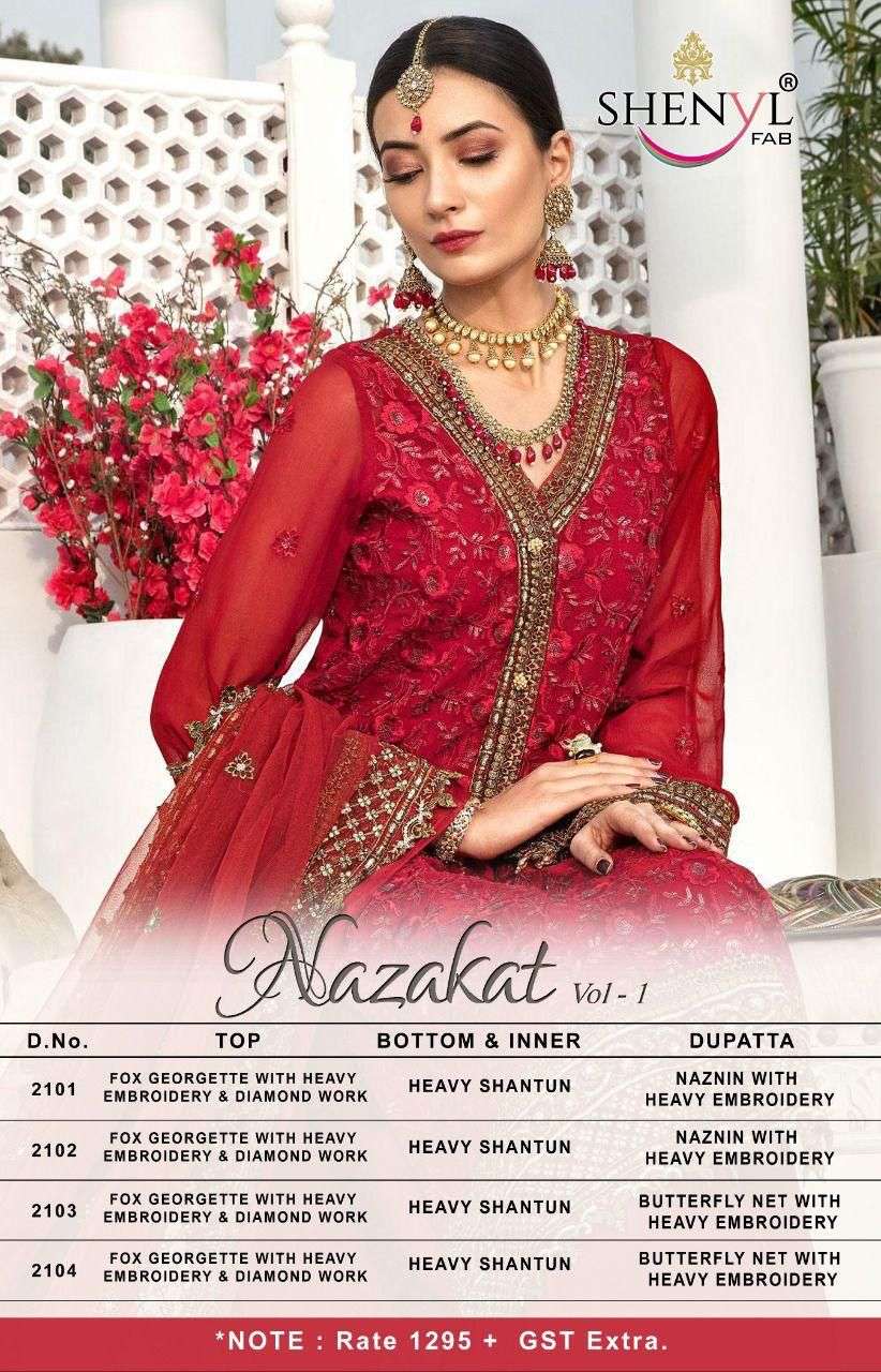 NAZAKAT VOL-1 BY SHENYL FAB 2101 TO 2104 SERIES DESIGNER PAKISTANI SUITS BEAUTIFUL STYLISH FANCY COLORFUL PARTY WEAR & OCCASIONAL WEAR FAUX GEORGETTE EMBROIDERED DRESSES AT WHOLESALE PRICE