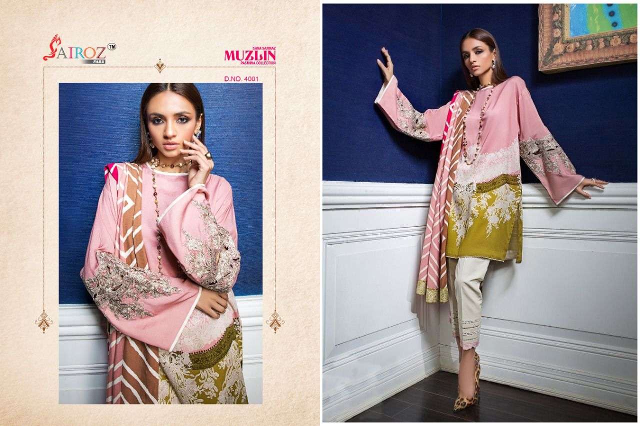 SANA SAFINAZ MUZLIN PASHMINA COLLECTION BY SAIROZ FABS 4001 TO 4002 SERIES PAKISTANI STYLISH BEAUTIFUL COLOURFUL PRINTED & EMBROIDERED PARTY WEAR & OCCASIONAL WEAR PASHMINA EMBROIDERED DRESSES AT WHOLESALE PRICE