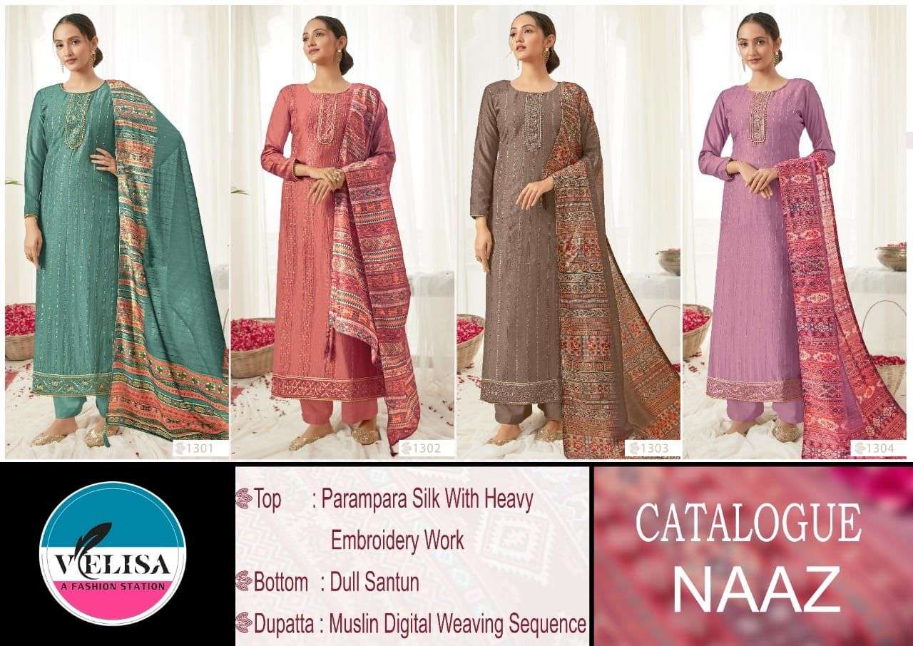 NAAZ BY VELISA 1301 TO 1304 SERIES BEAUTIFUL SUITS COLORFUL STYLISH FANCY CASUAL WEAR & ETHNIC WEAR PARAMPARA SILK EMBROIDERED DRESSES AT WHOLESALE PRICE