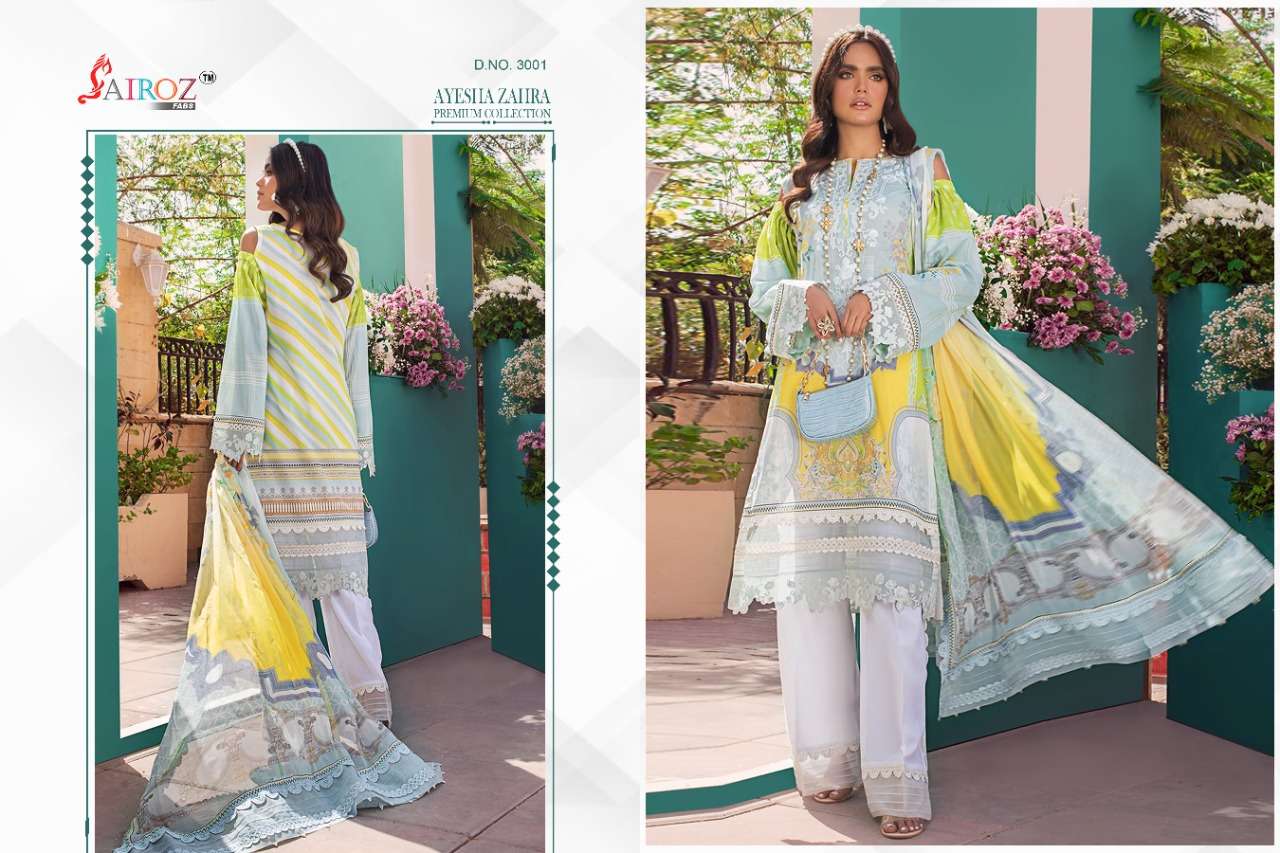 AYESHA ZAHRA PREMIUM COLLECTION BY SAIROZ FABS 3001 TO 3008 SERIES BEAUTIFUL SUITS STYLISH COLORFUL FANCY CASUAL WEAR & ETHNIC WEAR COTTON DIGITAL PRINT EMBROIDERED DRESSES AT WHOLESALE PRICE