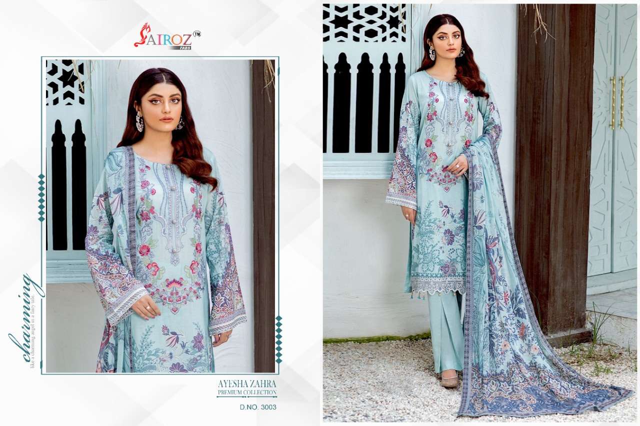 AYESHA ZAHRA PREMIUM COLLECTION BY SAIROZ FABS 3001 TO 3008 SERIES BEAUTIFUL SUITS STYLISH COLORFUL FANCY CASUAL WEAR & ETHNIC WEAR COTTON DIGITAL PRINT EMBROIDERED DRESSES AT WHOLESALE PRICE