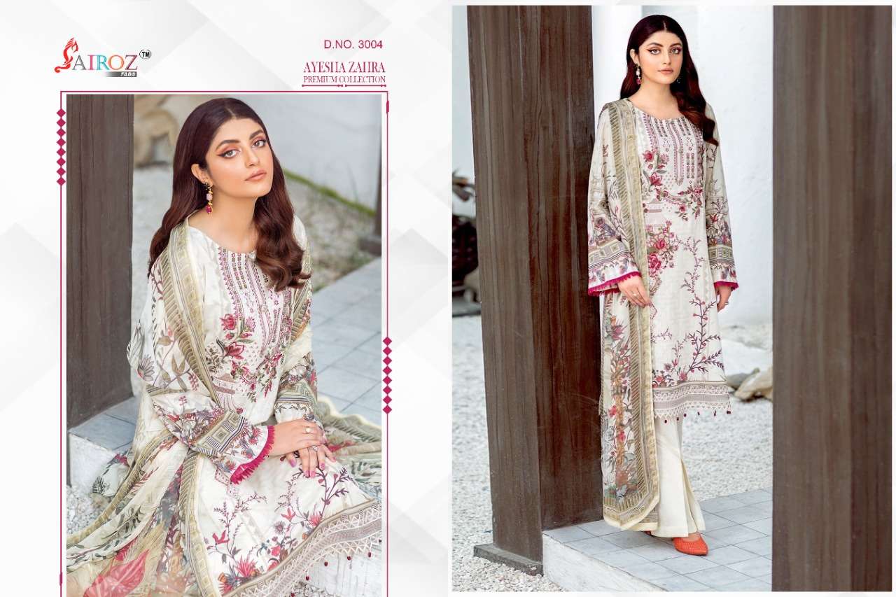 AYESHA ZAHRA PREMIUM COLLECTION BY SAIROZ FABS 3001 TO 3008 SERIES BEAUTIFUL SUITS STYLISH COLORFUL FANCY CASUAL WEAR & ETHNIC WEAR COTTON DIGITAL PRINT EMBROIDERED DRESSES AT WHOLESALE PRICE
