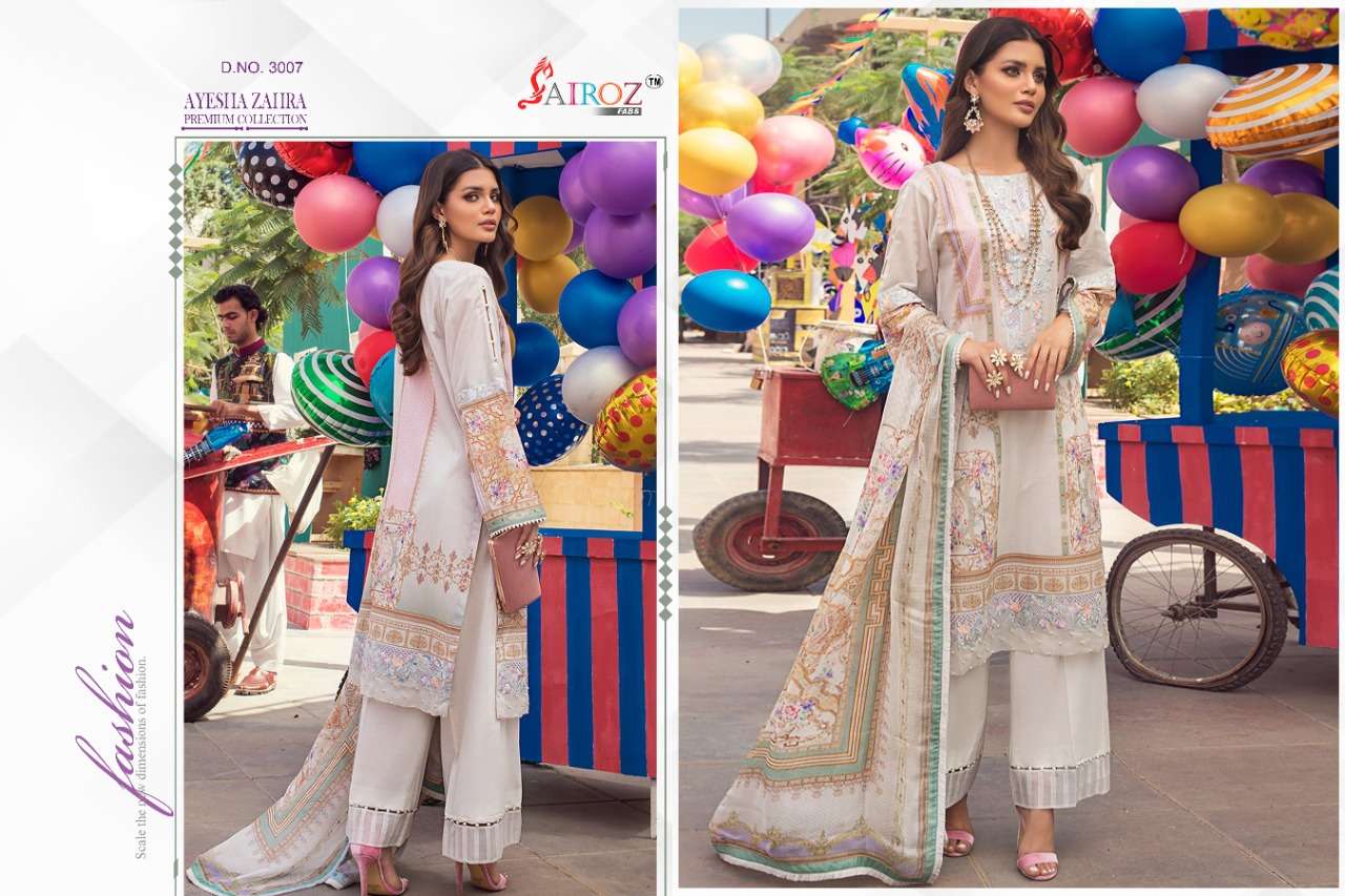 AYESHA ZAHRA PREMIUM COLLECTION BY SAIROZ FABS 3001 TO 3008 SERIES BEAUTIFUL SUITS STYLISH COLORFUL FANCY CASUAL WEAR & ETHNIC WEAR COTTON DIGITAL PRINT EMBROIDERED DRESSES AT WHOLESALE PRICE