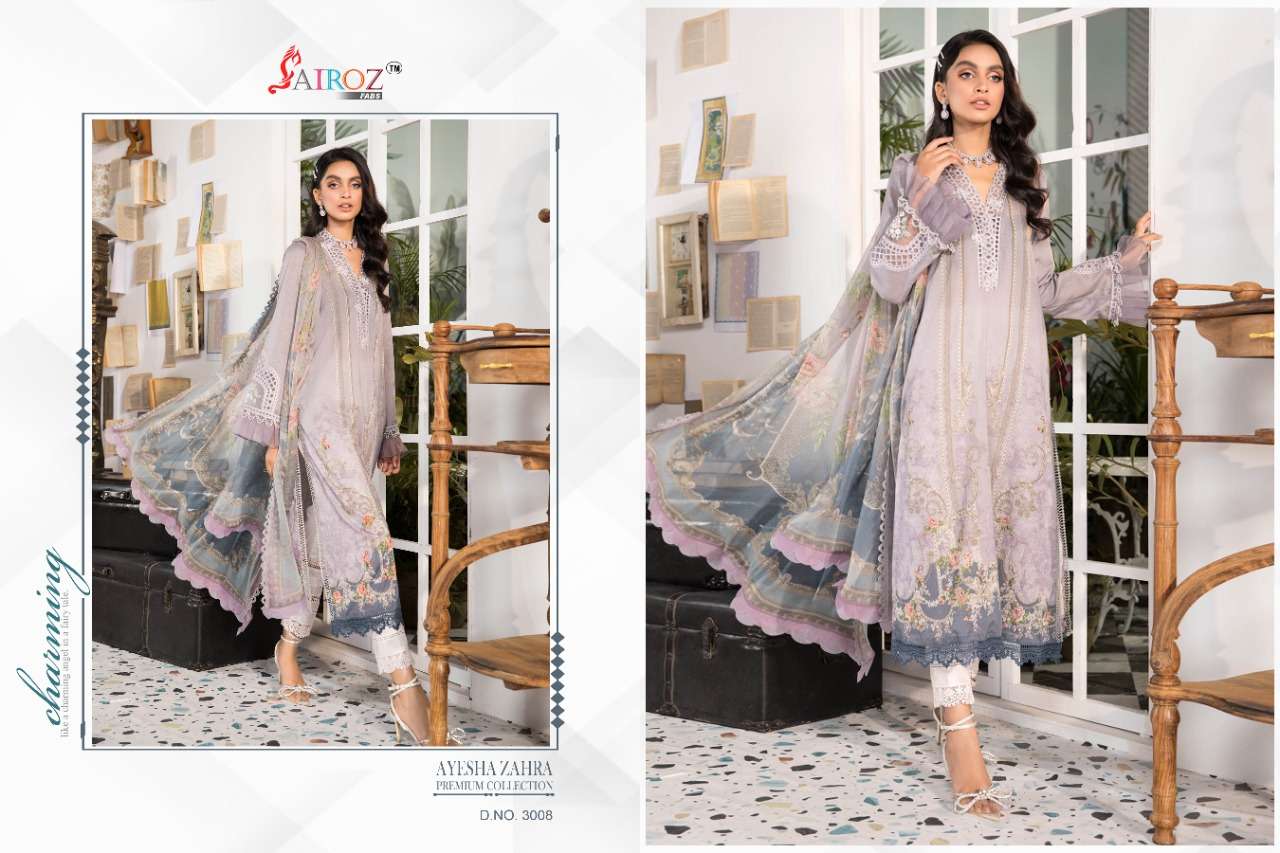 AYESHA ZAHRA PREMIUM COLLECTION BY SAIROZ FABS 3001 TO 3008 SERIES BEAUTIFUL SUITS STYLISH COLORFUL FANCY CASUAL WEAR & ETHNIC WEAR COTTON DIGITAL PRINT EMBROIDERED DRESSES AT WHOLESALE PRICE
