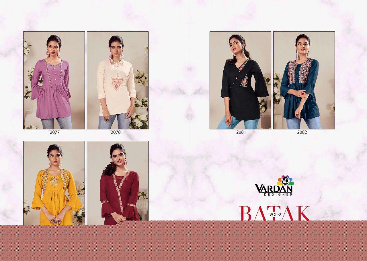 Batak Vol-2 By Vardan Designer 2077 To 2082 Series Beautiful Stylish Fancy Colorful Casual Wear & Ethnic Wear Heavy Rayon Tops At Wholesale Price