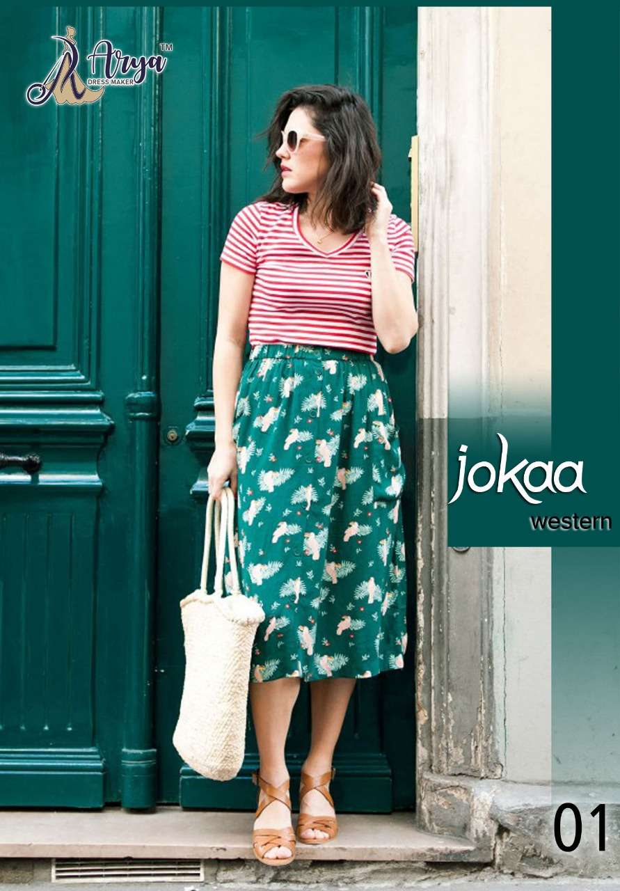 JOKAA BY ARYA DRESS MAKER 01 TO 05 SERIES BEAUTIFUL STYLISH FANCY COLORFUL CASUAL WEAR & ETHNIC WEAR LYCRA TOPS WITH SKIRT AT WHOLESALE PRICE