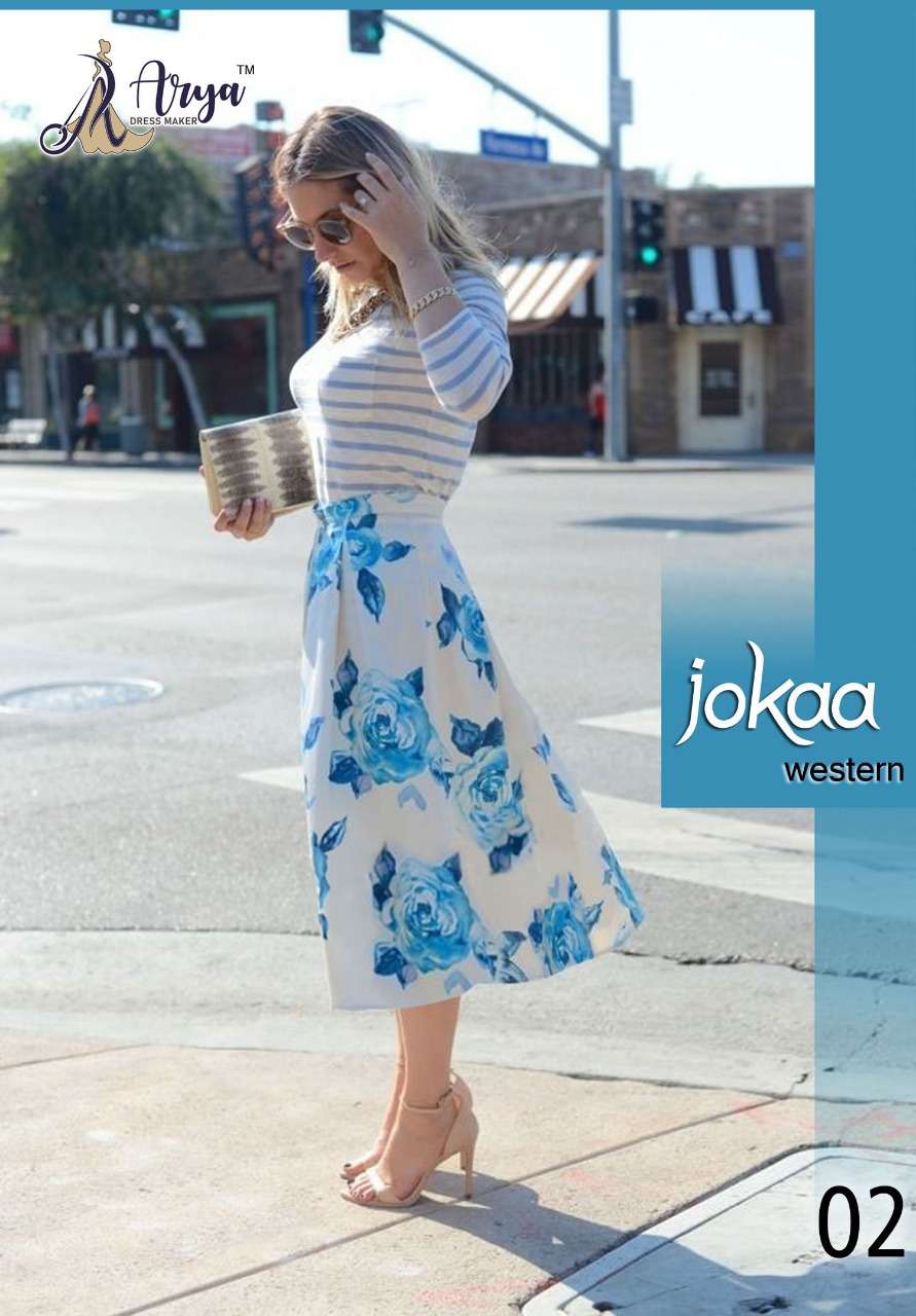 JOKAA BY ARYA DRESS MAKER 01 TO 05 SERIES BEAUTIFUL STYLISH FANCY COLORFUL CASUAL WEAR & ETHNIC WEAR LYCRA TOPS WITH SKIRT AT WHOLESALE PRICE