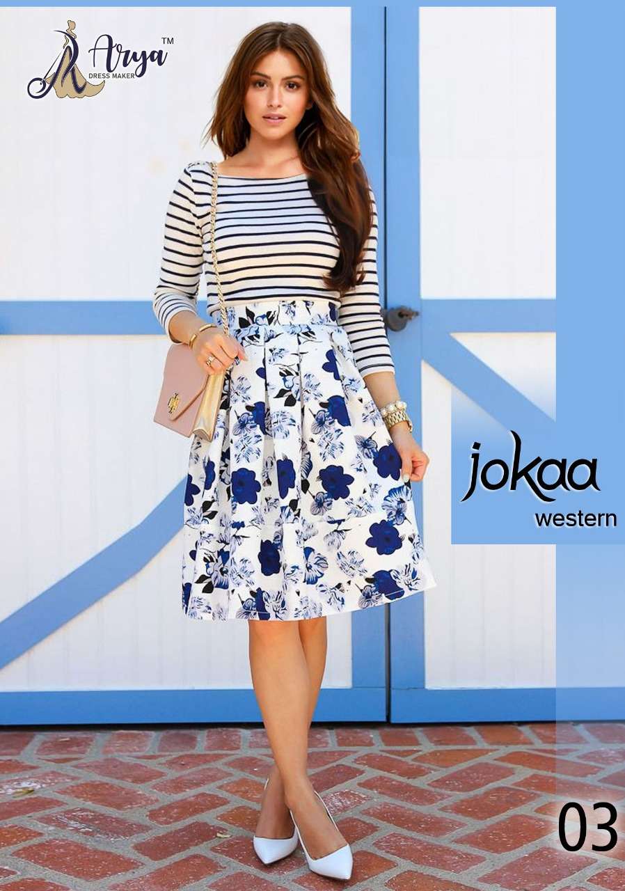 JOKAA BY ARYA DRESS MAKER 01 TO 05 SERIES BEAUTIFUL STYLISH FANCY COLORFUL CASUAL WEAR & ETHNIC WEAR LYCRA TOPS WITH SKIRT AT WHOLESALE PRICE