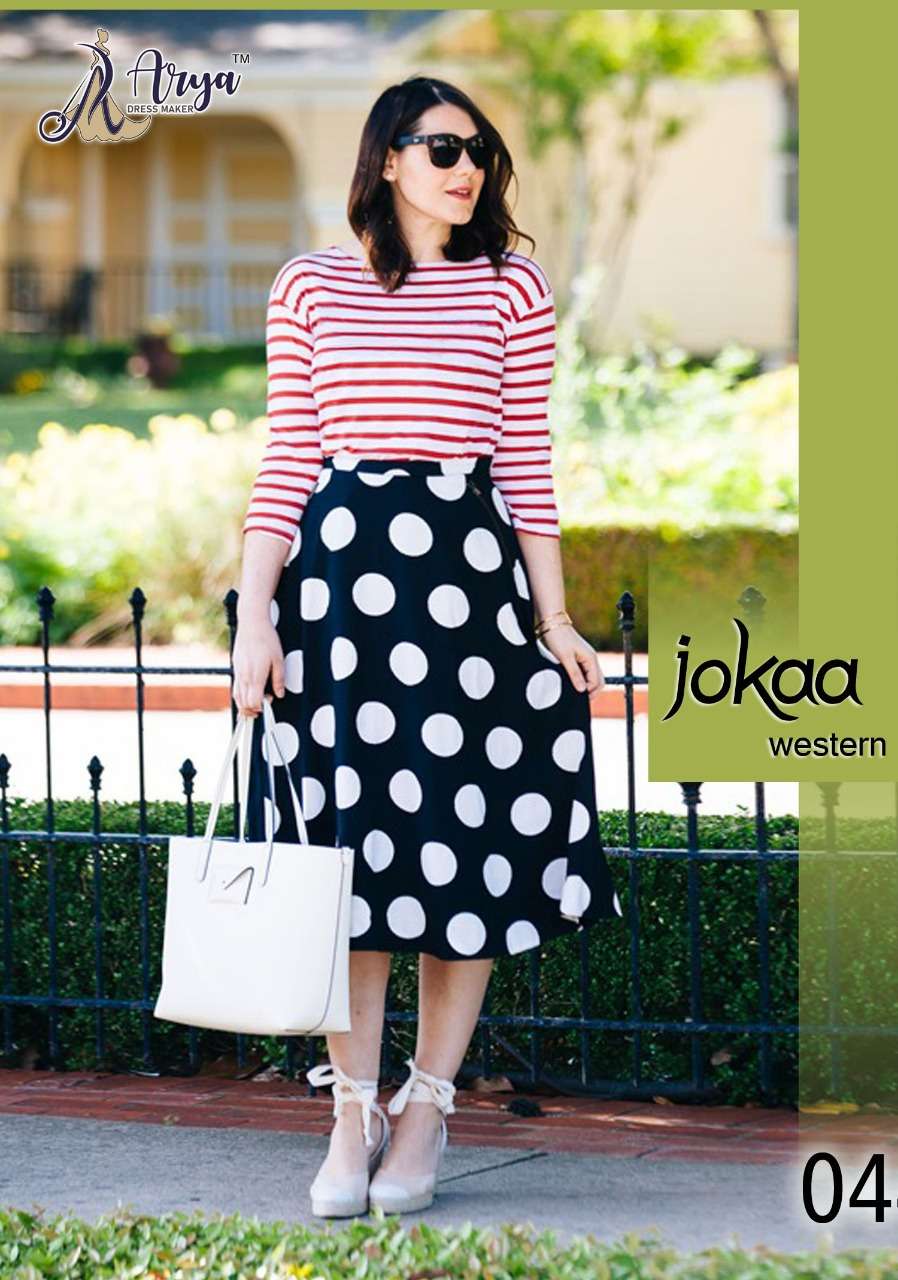 JOKAA BY ARYA DRESS MAKER 01 TO 05 SERIES BEAUTIFUL STYLISH FANCY COLORFUL CASUAL WEAR & ETHNIC WEAR LYCRA TOPS WITH SKIRT AT WHOLESALE PRICE