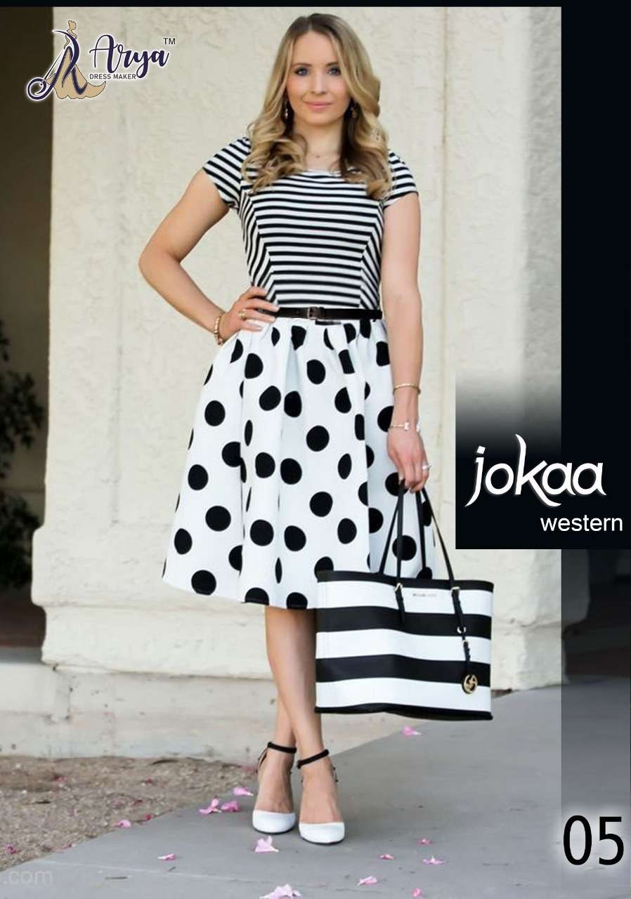 JOKAA BY ARYA DRESS MAKER 01 TO 05 SERIES BEAUTIFUL STYLISH FANCY COLORFUL CASUAL WEAR & ETHNIC WEAR LYCRA TOPS WITH SKIRT AT WHOLESALE PRICE