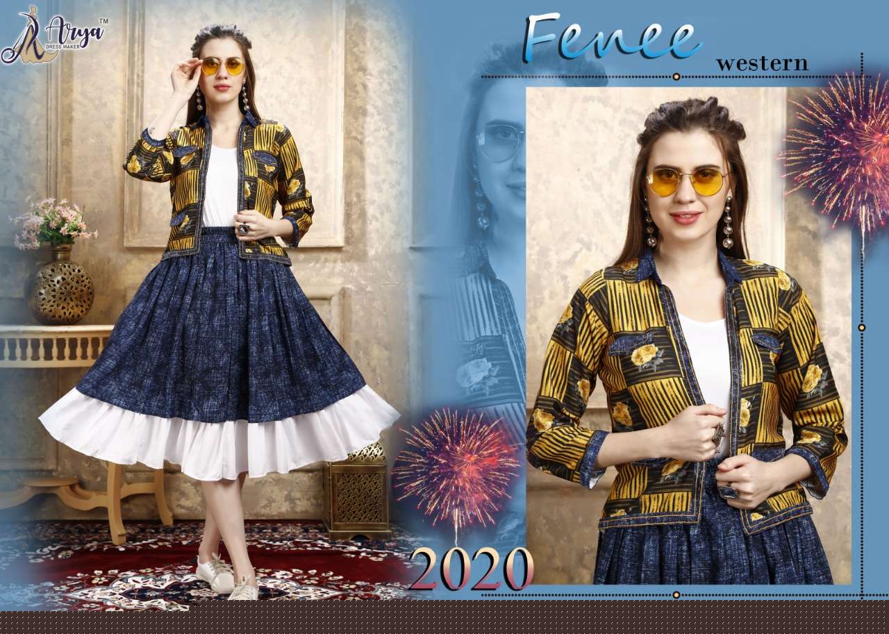 FENEE BY ARYA DRESS MAKER 01 TO 07 SERIES BEAUTIFUL STYLISH FANCY COLORFUL CASUAL WEAR & ETHNIC WEAR COTTON LYCRA TOPS WITH SKIRT AT WHOLESALE PRICE
