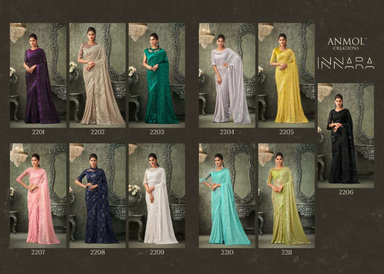INNARA VOL-2 BY ANMOL CREATION 2201 TO 2211 SERIES INDIAN TRADITIONAL WEAR COLLECTION BEAUTIFUL STYLISH FANCY COLORFUL PARTY WEAR & OCCASIONAL WEAR GEORGETTE SAREES AT WHOLESALE PRICE