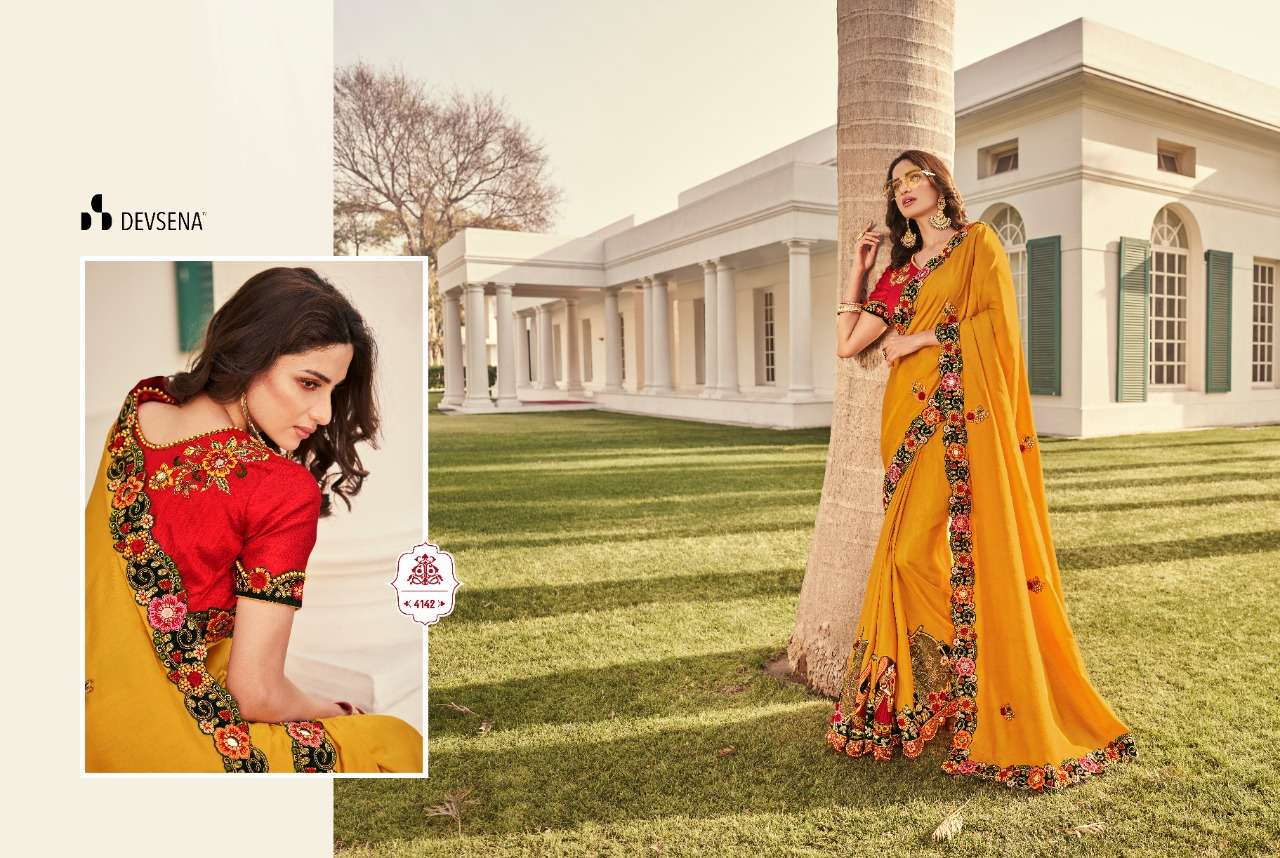 DEVSENA VOL-10 BY DESI LUK 4131 TO 4143 SERIES INDIAN TRADITIONAL WEAR COLLECTION BEAUTIFUL STYLISH FANCY COLORFUL PARTY WEAR & OCCASIONAL WEAR FANCY SAREES AT WHOLESALE PRICE