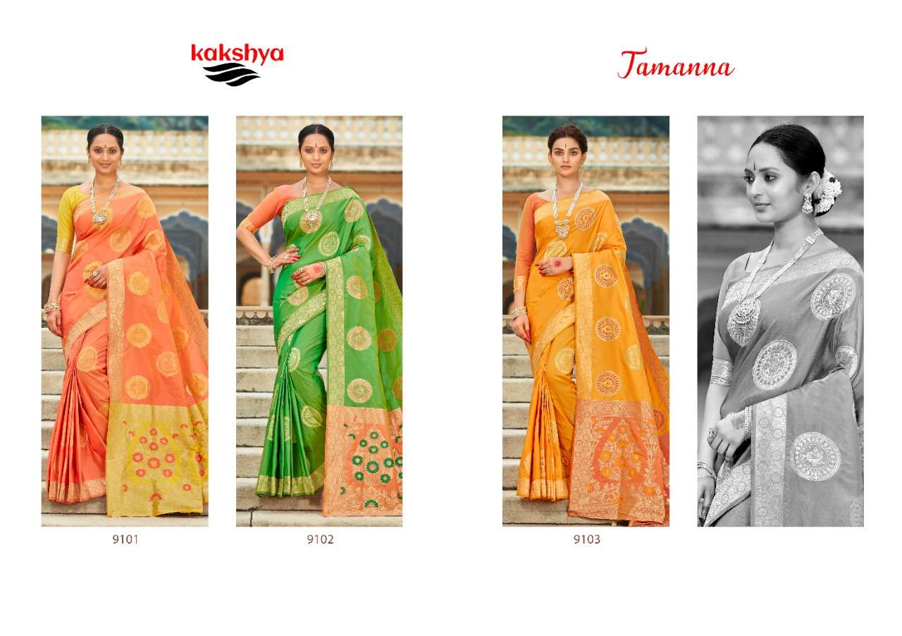 TAMANNA BY KAKSHYA 9601 TO 9603 SERIES INDIAN TRADITIONAL WEAR COLLECTION BEAUTIFUL STYLISH FANCY COLORFUL PARTY WEAR & OCCASIONAL WEAR BANARASI SILK SAREES AT WHOLESALE PRICE