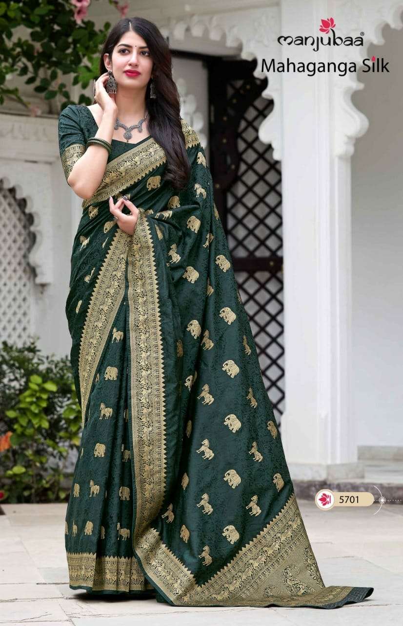 MAHAGANGA SILK BY MANJUBAA CLOTHING 5701 TO 5708 SERIES INDIAN TRADITIONAL WEAR COLLECTION BEAUTIFUL STYLISH FANCY COLORFUL PARTY WEAR & OCCASIONAL WEAR SILK SAREES AT WHOLESALE PRICE
