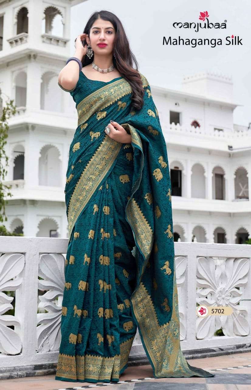 MAHAGANGA SILK BY MANJUBAA CLOTHING 5701 TO 5708 SERIES INDIAN TRADITIONAL WEAR COLLECTION BEAUTIFUL STYLISH FANCY COLORFUL PARTY WEAR & OCCASIONAL WEAR SILK SAREES AT WHOLESALE PRICE