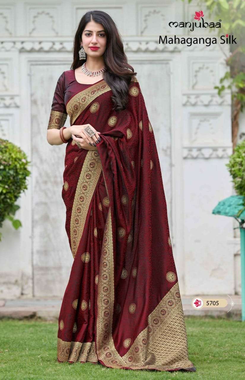 MAHAGANGA SILK BY MANJUBAA CLOTHING 5701 TO 5708 SERIES INDIAN TRADITIONAL WEAR COLLECTION BEAUTIFUL STYLISH FANCY COLORFUL PARTY WEAR & OCCASIONAL WEAR SILK SAREES AT WHOLESALE PRICE
